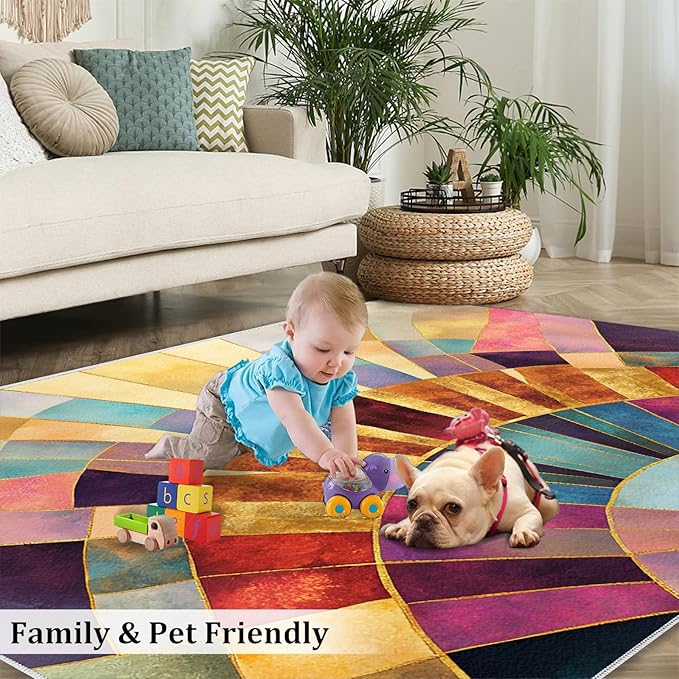 Chromatic Geometric Area Rugs 5x6ft, Abstraction Deco Rugs for Kids Bedroom, Mosaic Sunburst Office Rug Low Pile are Not Stumbling Foot for Living Room End Table Nursery