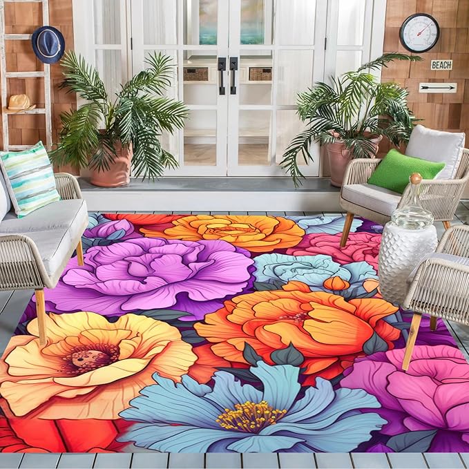 Easy Clean Floral Outdoor Rug 5x7 Yellow Purple Machine Washable Area Rugs for Patio Balcony Camping Pool Garden Non Slip Waterproof Outside Carpet Vibrant Low Pile Porch Mat