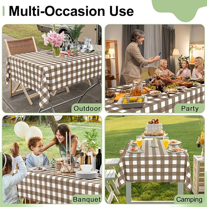 Smiry 3 Pack Brown Gingham Disposable Tablecloths - 54" x 108" Heavy Duty Plastic Table Cloth, Waterproof Buffalo Plaid Table Covers for Picnic, Banquets, Outdoor Parties