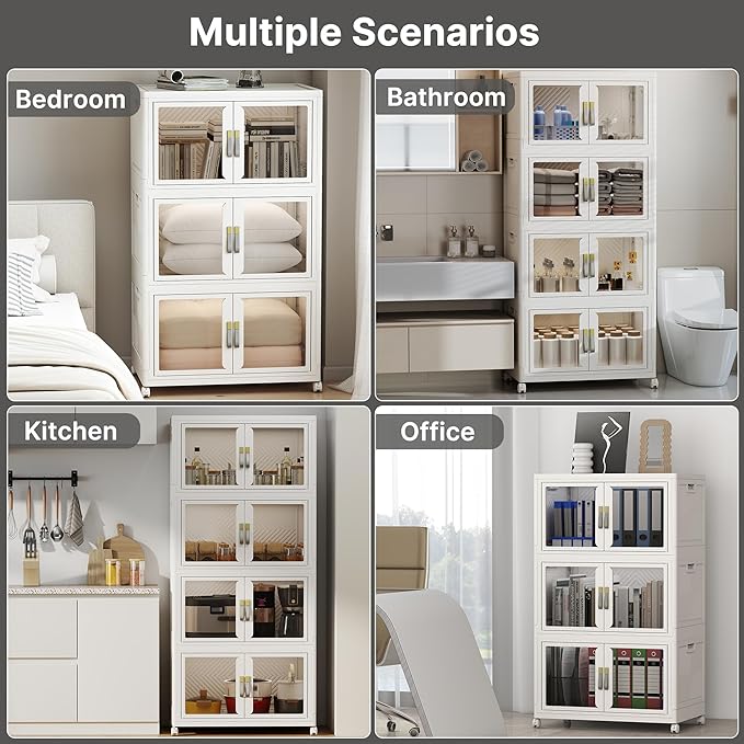 UAMFURI Stackable Storage Bins with Lids, Clear Doors, Large Storage Cabinet Foldable Collapsible Closet Organizers for Bedroom Dorm Office (4, White, 48, Quarts)