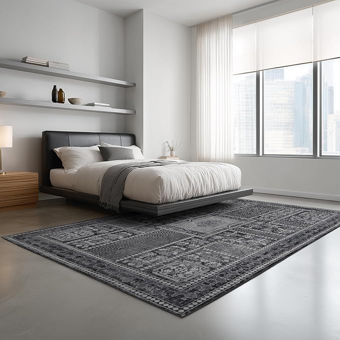 9x12 Area Rug Living Room Rugs, Stain Resistant Washable Rug, Vintage Large Non-Slip Backing, Low Pile Lightweight Print Rug for Bedroom Dinning Room Home Office (Grey)