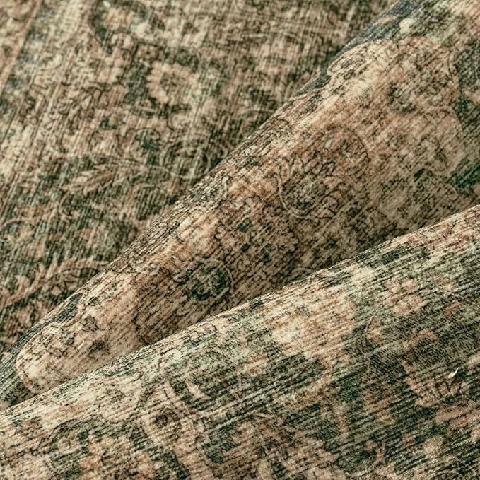 2x6 Washable Vintage Runner Rug Green Brown Hallway Kitchen Carpet Non-Slip Soft Low Pile Distressed Throw Rug for Bedroom Bathroom Laundry Living Room