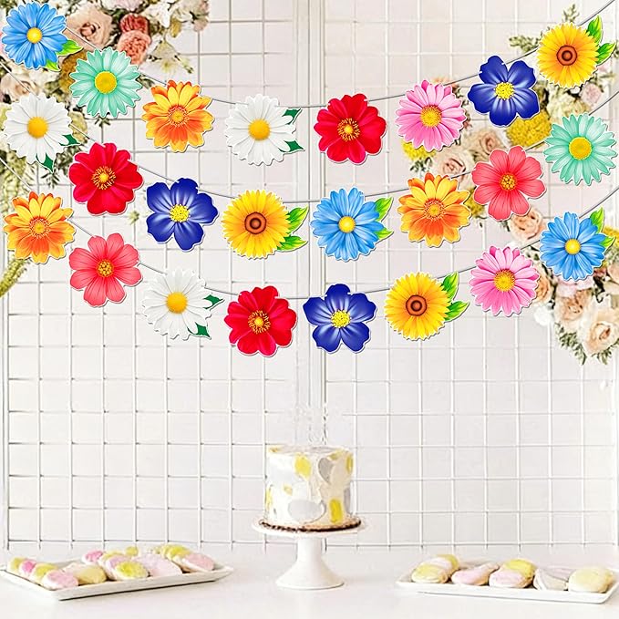 2pcs Colorful Daisy Flower Garland Banner, Spring Summer Floral Bunting Hanging Decor for Birthday Baby Shower Wedding Garden Tea Pool Party Supplies