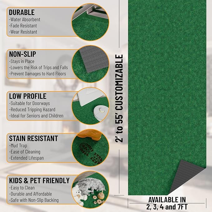 Ottomanson 2'7" x 6' Hallway Runner with Scraper Pile - Extra Durable Non-Slip Rug Mat for Indoor & Outdoor Use - Ideal for Kitchen, Entryway & Garage - High-Traffic Carpet, Green