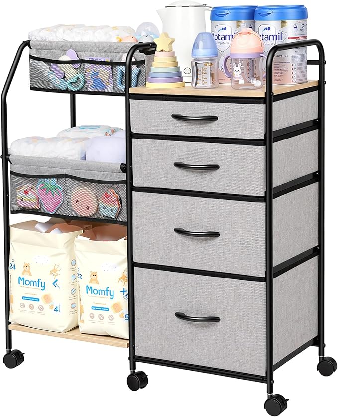 Fabuday Baby Diaper Caddy Organizer Cart - 4 Tier Rolling Diaper Cart with Wheels, Baby Essentials Organizers and Storage, Mobile Utility Carts for Bedside, Crib Nursury, Bedroom, Changing Table