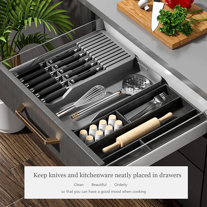 Mulikeer Drawer Knife Organizers Insert with Expandable Tray for 11 Knives