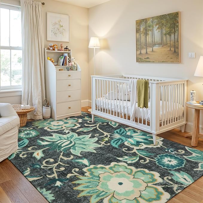 Lahome Floral Machine Washable Area Rugs - 5 x 7 Rugs for Living Room Non-Slip Lightweight Carpet for Bedroom Throw Soft Boho Rug, Blue Paisley Print Indoor Floor Rug for Office Dining Room Kitchen