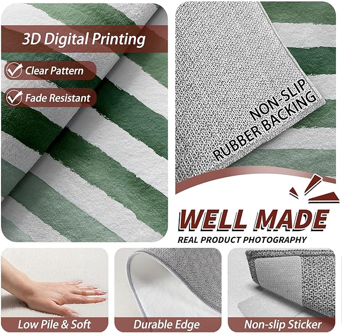 4x6 Rug Washable - Striped Rug for Bedroom, Green and White Stripe Minimalist Watercolor Non Slip Low Pile Area Rugs for Living Room Laundry, Striped Carpet Room Decor & Gifts