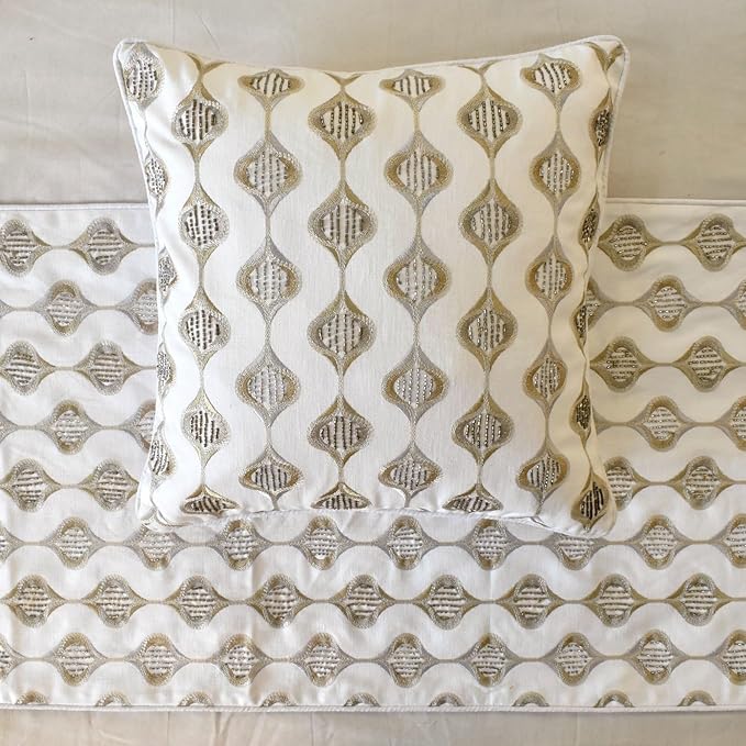 The HomeCentric King/Queen/Twin Beige Decorative Bed Runner Twin 53"x18" Bed Runner with Two Pillow Cover, Embroidery, Geometric, Beaded Hand Embroidery Bed Scarf on Linen Fabric - Mahsa