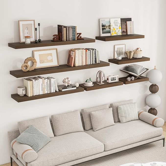 RICHFOCUS 72Inch Floating Shelves for Wall 1 Pack Shelves for Bedroom|Kitchen|Bathroom Wall Mounted Rustic Wood Floating Shelf with Invisible Brackets for Books|Storage|Decor, Walnut