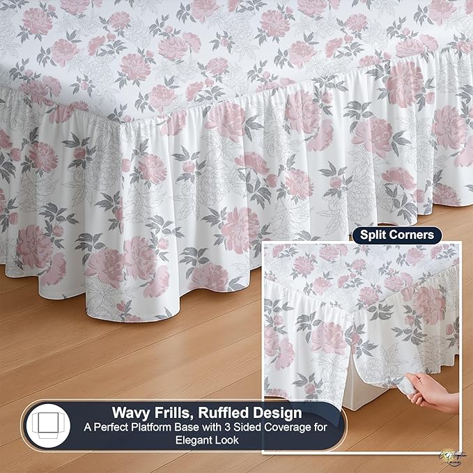 Cottington Lane Ruffled Bed Skirt Full Size with Split Corner, Brushed Microfiber Hotel Quality Dust Ruffle, 12 Inch Drop Gathered Bedskirt, Soft, Stylish, Shrink & Fade Resistant, Blush Petals