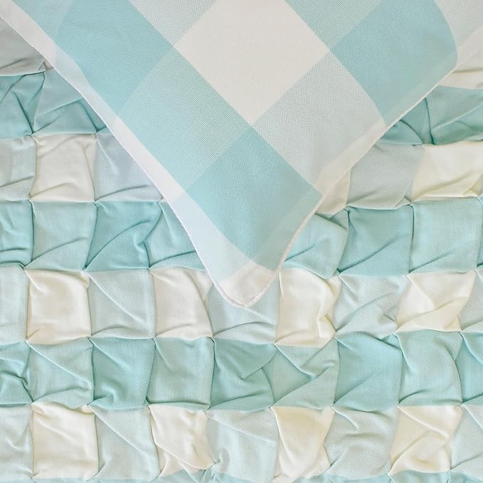 The HomeCentric King/Queen/Twin Aqua Decorative Bed Runner Full 68"x18" Bed Runner with Two Pillow Cover, Checkered, Buffalo Plaid, Check Bed Scarf on Cotton Fabric - Aqua Plaid Knots