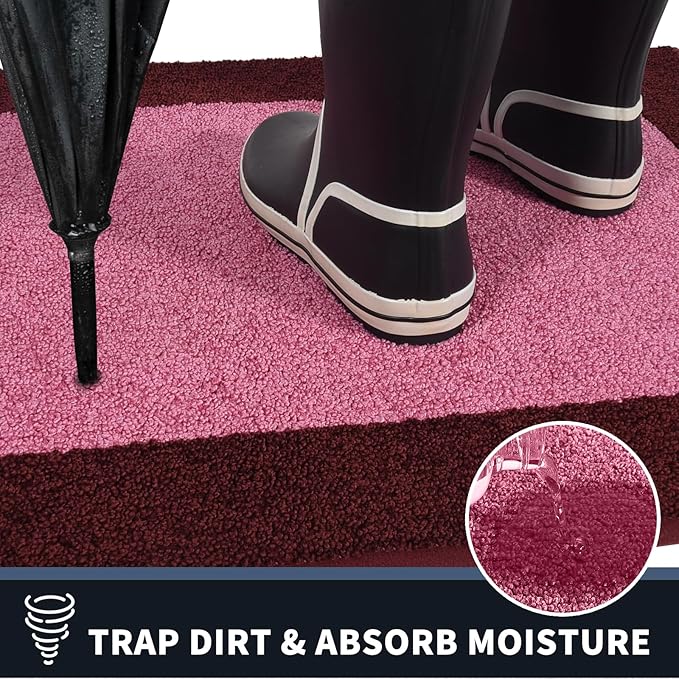 PURRUGS Dirt Trapping Door Mat 32" x 48", Non-Slip/Skid Machine Washable Entryway Rug, Shoes Scraper, Throw Rug, Super Absorbent Area Rug for Muddy Wet Shoes and Paws, Pink & Burgundy Red