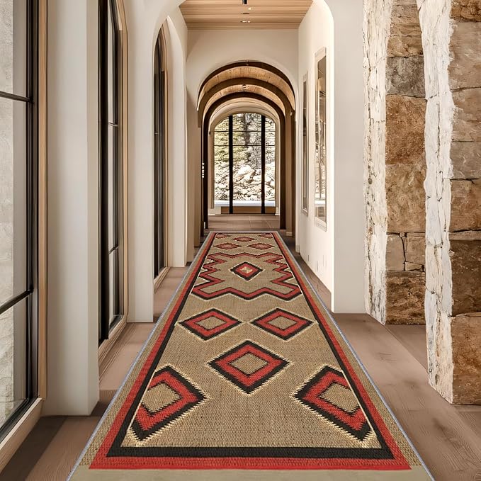 Brown Base Red Black Diamond Runner Rug, 2x8ft Zigzag Pattern Hallway Runner Rug, Corridor & Foyer High-Traffic Area Rugs, Durable Flannel Carpet Non-Slip Mat, Southwestern Home Decor