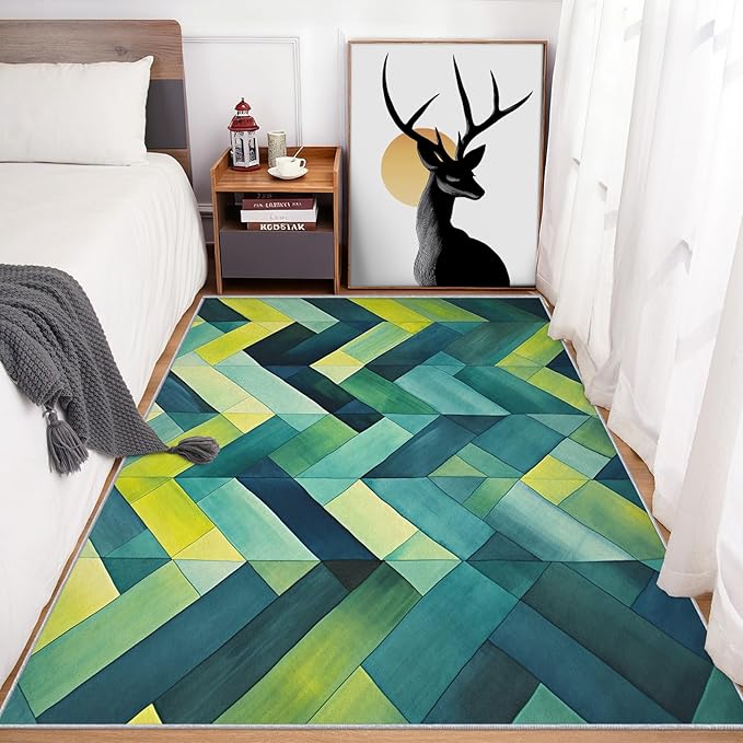 8x12 Geometric Zigzag Rugs for Bedroom Decor, Washable Green Chevron Pattern Area Rug, Living Room Home Decoration, Non Slip Soft Thin, Modern Abstract Geometry Decor Large Carpet PF-P 49