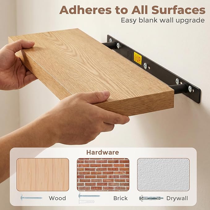 Venusmiles Floating Shelves for Wall, 20 Inch Floating Shelves Set of 2, 6.5" D Wooden Wall Mounted Display Shelves with Invisible Brackets for Living Room, Bedroom, Bathroom, Kitchen Decor, Oak