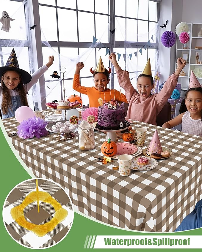Smiry 20 Packs Gingham Disposable Table Cloth, 54 x 108 Inch Waterproof Plastic Tablecloth, Rectangle Brown and White Checkered Table Covers for Picnic, Birthday, Party