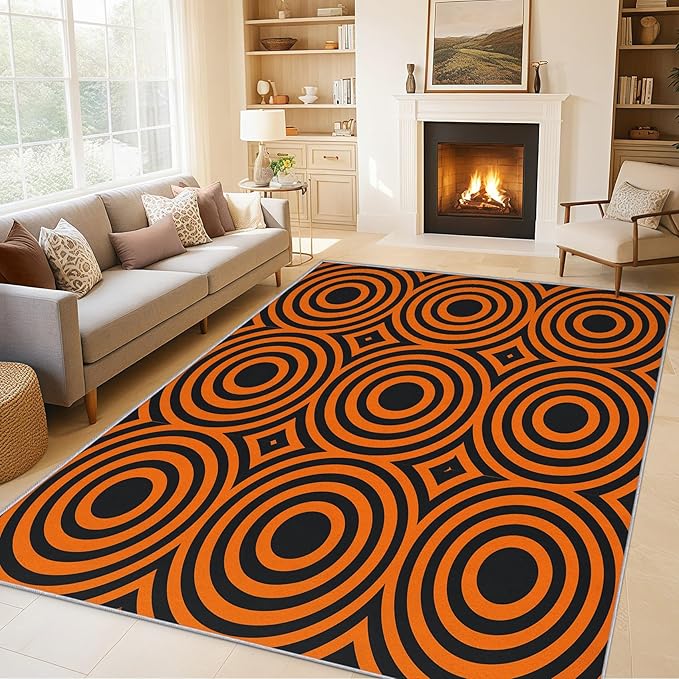 3x5 Geometric Circle Rugs for Bedroom Decor, Washable Retro 60s 70s Geometry Pattern Area Rug, Living Room Home Decoration, Non Slip Soft Thin, Black Orange Decor Carpet PF-P 49