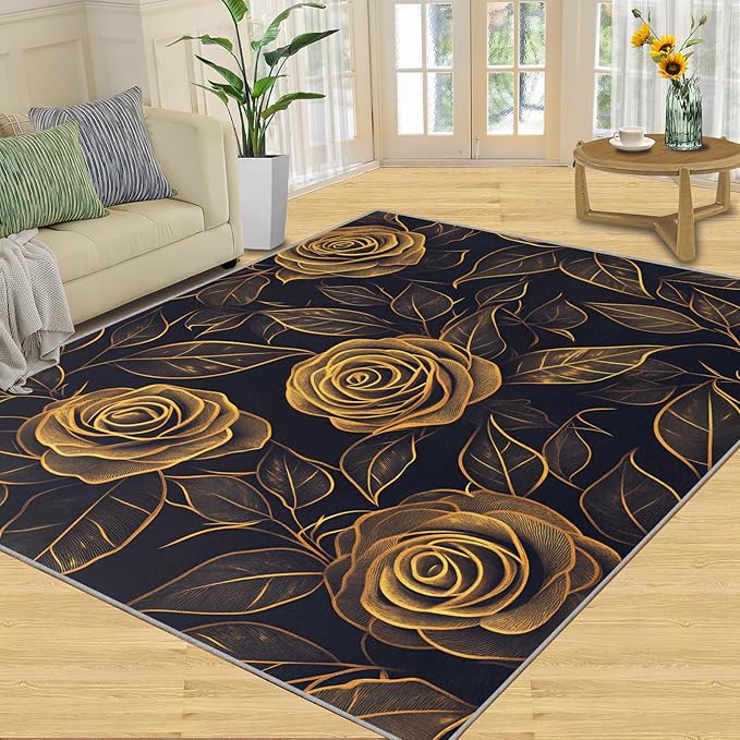 Rose Rugs for Bedroom - 6x9 Area Rug - Black Gold Flowers Rugs for Living Room, European Light Luxury Flowers Rug, Washable Home Decor Carpet