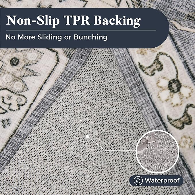 PURRUGS Vintage Farmhouse Boho Throw Rug 2x3 ft, Non-Slip Machine Washable Rug, Accent Oriental Area Rug for Entryway, Kitchen, Bedroom, Living Room and Dining Room, Periwinkle Gray/Soft Ivory