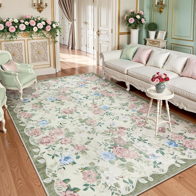 Lahome Floral Washable 5x7 Rug, Boho Area Rug for Bedroom,Vintage Living Room Rugs Non Slip Low Pile Ultra-Thin Large Carpet for Farmhouse,Dining Room,Kids Playroom(5'X7',Cream/Green)