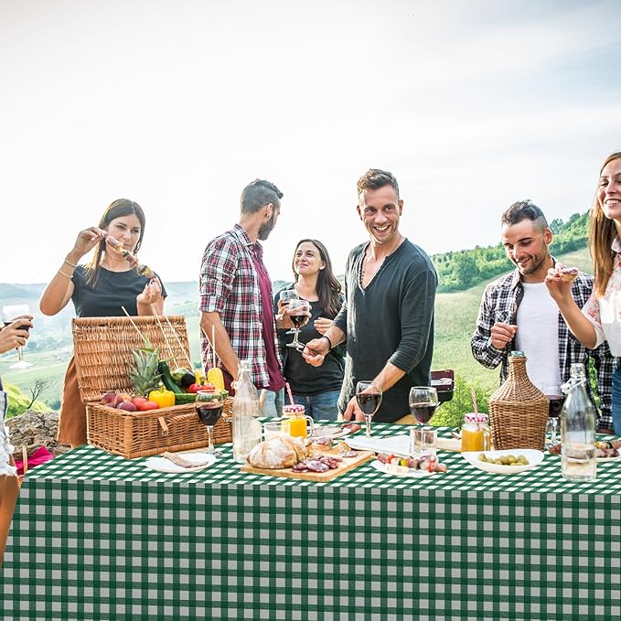 12Pack Dark Green Plastic Checkered Tablecloth, Premium Decorative Disposable Green Gingham Plaid Table Cloths for Parties, Rectangle Party Table Cover for Picnic Farm Birthday Wedding, 54x108 Inch