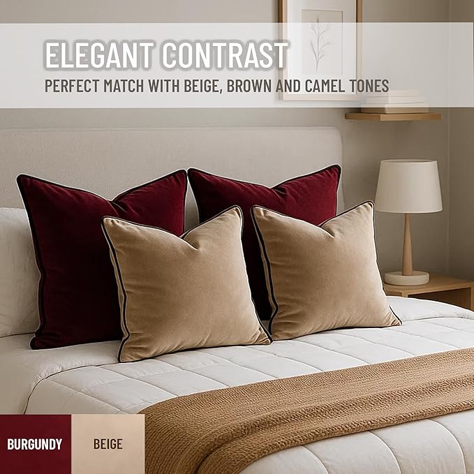 2 Pack Velvet Decorative Throw Pillow Covers, 12"x20", Burgundy, Solid, Modern, Contrast Piping, Indoor Use, Bedroom & Living Room