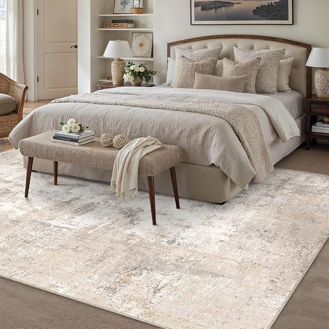 8x10 Washable Area Rug Beige Grey Abstract Living Room Bedroom Carpet Neutral Modern Non Slip Soft Low Pile Indoor Large Throw Rug for Dining Room Office