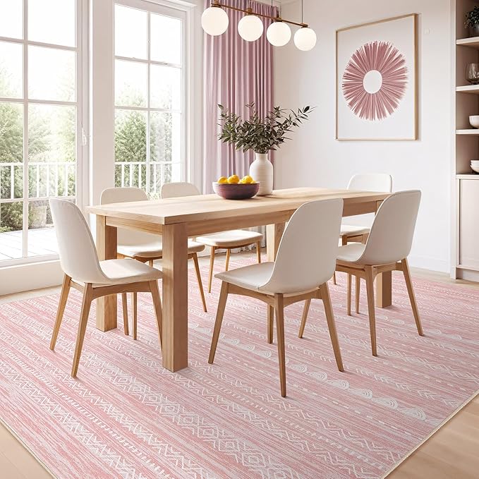 Nakagishi Pink Rugs for Bedroom Girls: 8x10 Washable Boho Large Neutral Cute Soft Area Rug Modern Indoor Floor Non Slip Accent Carpet for Living Room Nursery Kids Playroom Preppy Room Dorm Baby Room