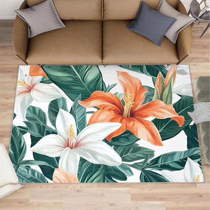Lily Flowers Rugs for Bedroom - 3x5 Area Rug - Abstract 3D Flowers Rugs for Living Room, Tropical Plants Rug, Washable Home Decor Carpet