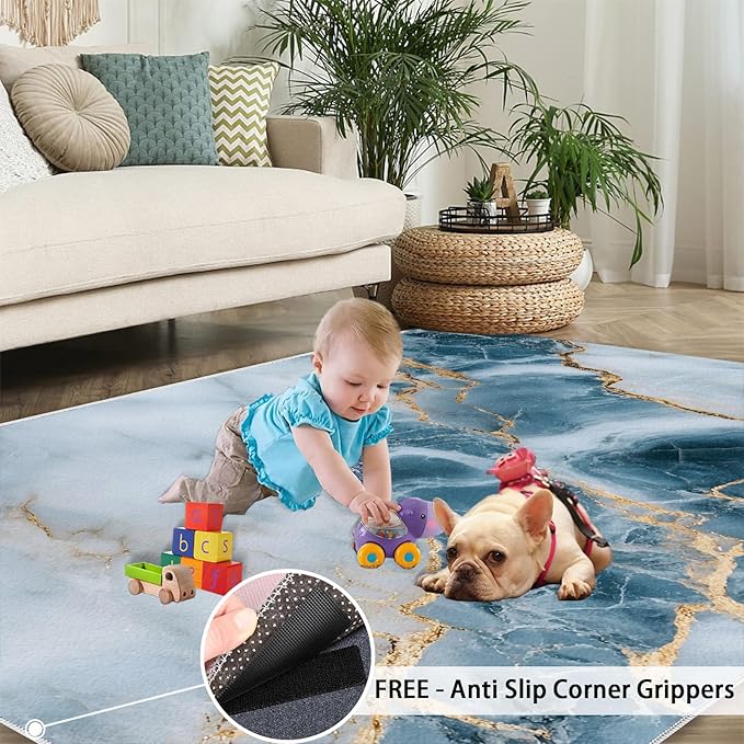 5x8 Abstract Marble Kids Rug - Blue-White-Marble Dining Room Rug, Luxury Stone Pattern Area Rugs Indoor Modern Rugs for Bedroom Hardwood Floors Teen Room