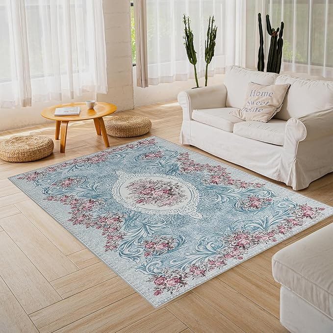 Easy-Going Area Rug 5x7 Washable Floral Rugs for Living Room Non-Slip Bedroom Rug Low Pile Lightweight Retro Flowers Throw Rug for Dining Room Kitchen Home Office Carpet, Teal Red