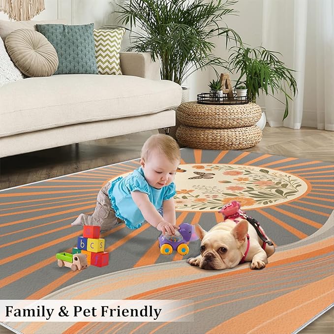 Boho Sun Area Rugs 5x6ft, Minimalist Line Rugs for Kids Bedroom, Geometric Solar Office Rug Low Pile are Not Stumbling Foot for Living Room End Table Nursery