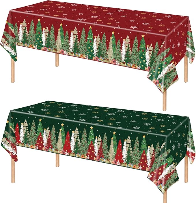 Christmas Tablecloth, 2 Pack Plastic Christmas Tablecloth Disposable for Rectangle Table Snowflake Xmas Tree Table Cloth Tables Cover for Xmas Holiday New Year Party Supplies Decoration 54 x 108 Inch