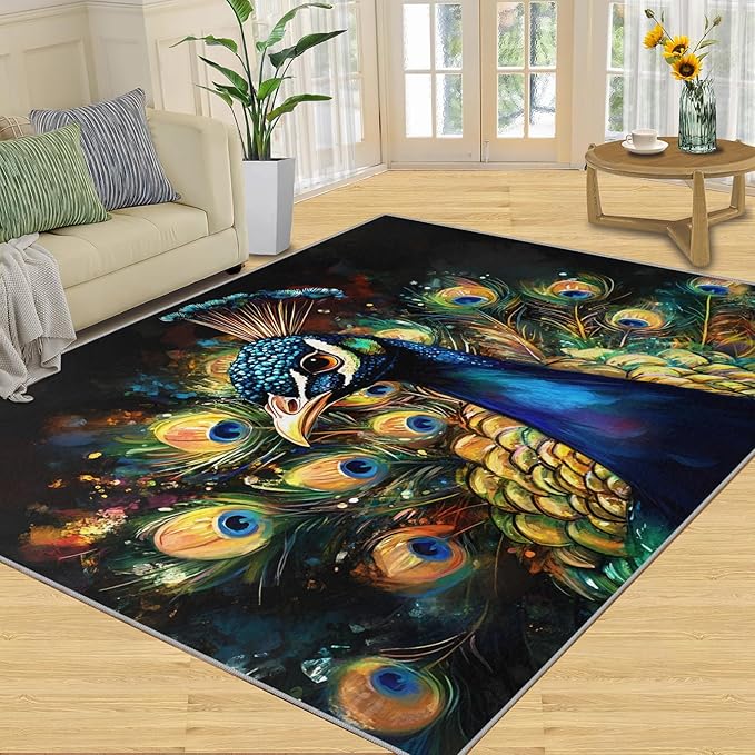 Peacock Rugs for Bedroom - 5x7 Area Rug - 3D Peacock Rugs for Living Room, Abstract Watercolor Animal Rug, Non-Slip Washable Home Decor Carpet