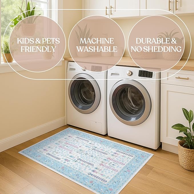 Fame Living Cream Blue Oushak Rug, Modern, Vintage, Turkish, Eclectic, Floral, Pastel, Washable, Area Rugs for Living Room, Dining, Bedroom, Nursery, Girls, Boys, 5'9"x8'9"