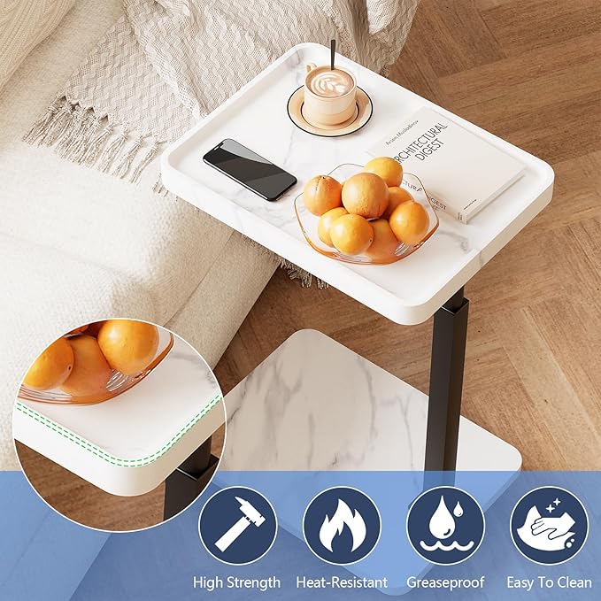Adjustable Tv Trays for Eating on Couch That Slide Under,360° Swivel C Shaped End Sofa Side Snack Table with Wheels for Living Room and Bedroom, Bed,Chair, (White Marble+Black)
