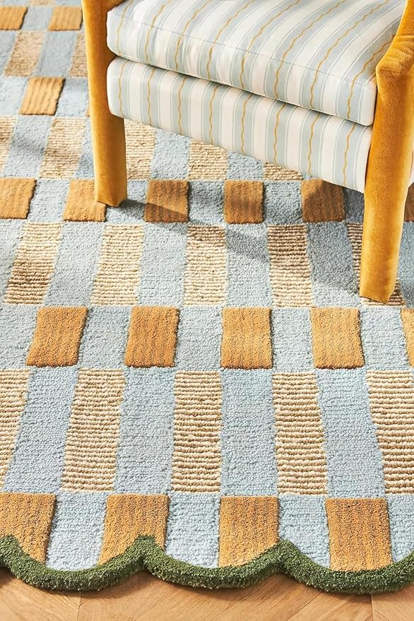 Hand-Tufted Wool Rug with Scalloped Edges, Light Blue Plaid Pattern, Cozy Soft Area Rug for Living Room, Bedroom, and Nursery, Handmade Modern Accent Rug (Blue, 4X7 FEET)