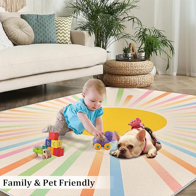 Boho Sun Area Rugs 5x6ft, Minimalist Sunburst Rugs for Kids Bedroom, Abstraction Deco Office Rug Low Pile are Not Stumbling Foot for Living Room End Table Nursery