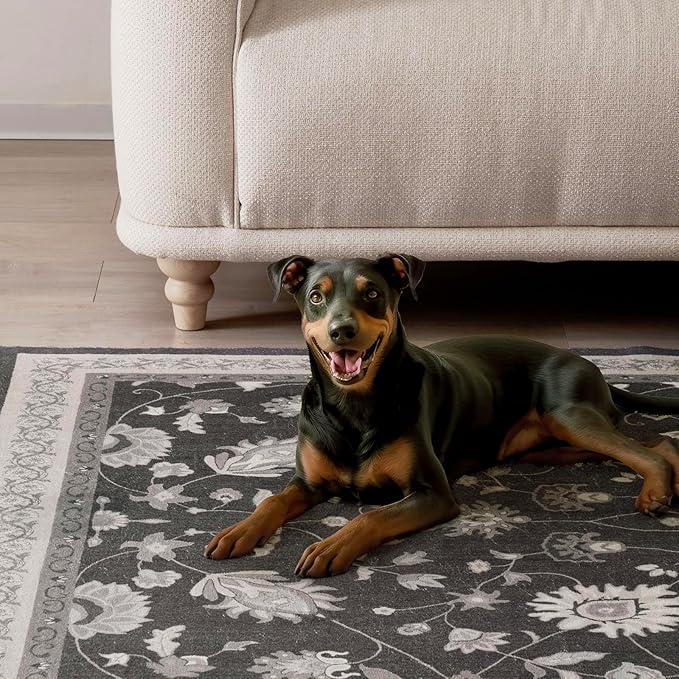 EVERGRACE Area Rugs for Entryway 2x3, Boho Floral Faux Wool Indoor Outdoor Small Rugs, Washable Rugs for Bedroom Bathroom Laundry Doormat, Low Pile Floor Mat Carpet for Home Decor, Ebony Black
