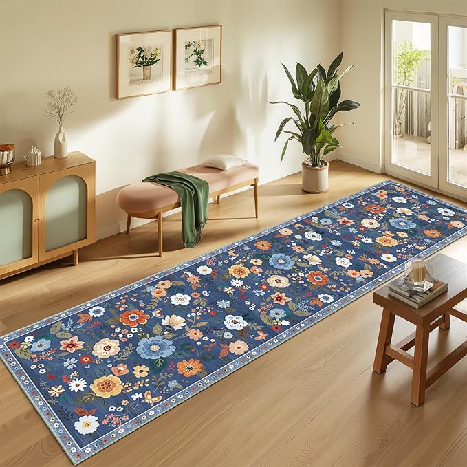 Floral 2x8 Area Rug Machine Washable Soft Print Boho Carpet Non Slip Doormat Low Pile Flower Area Rugs for Living Room Bedroom Nursery Kitchen Dining Room Indoor-Blue/Grey