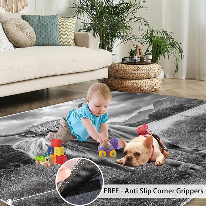 Highland Cattle Rugs for Bedroom - 4x6 Area Rug - Black White Highland Cattle Rugs for Living Room, 3D Natural Landscape Rug, Non-Slip Washable Home Decor Carpet
