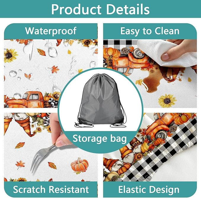 Fall Picnic Table Cover with Bench Covers, Camping Essentials, Buffalo Plaid Thanksgiving Pumpkin Waterproof Windproof, Fitted Tablecloth Cover with Elastic Edge, Indoor & Outdoor, 3 PCS, 30x96 Inch
