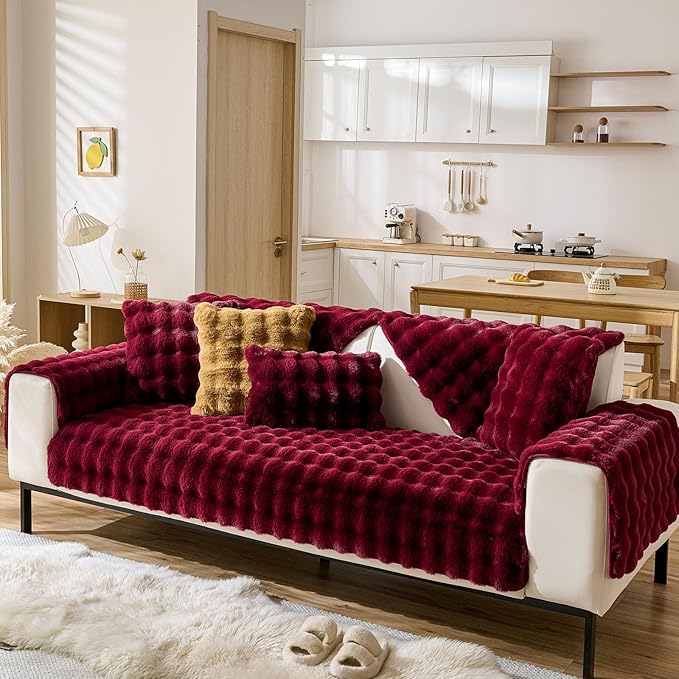 Christmas Faux Fur Couch Cover Fuzzy Soft Plush Thick Bubble Sofa Cover Luxury Sectional Couch Covers Luxury Anti-Slip Sofa Slipcover Washable Furniture Protector (Wine Red,36"x82")
