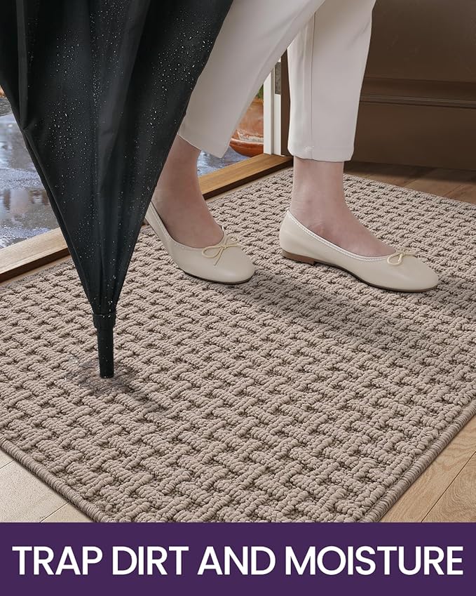 DEXI Front Entryway Door Mat Non Slip 17x30, Washable Entry Way Mats Inside Entrance Low Profile, Welcome Doormat Dirt Trapper for House Floor Home Porter Hall Backdoor Area, Light Taupe