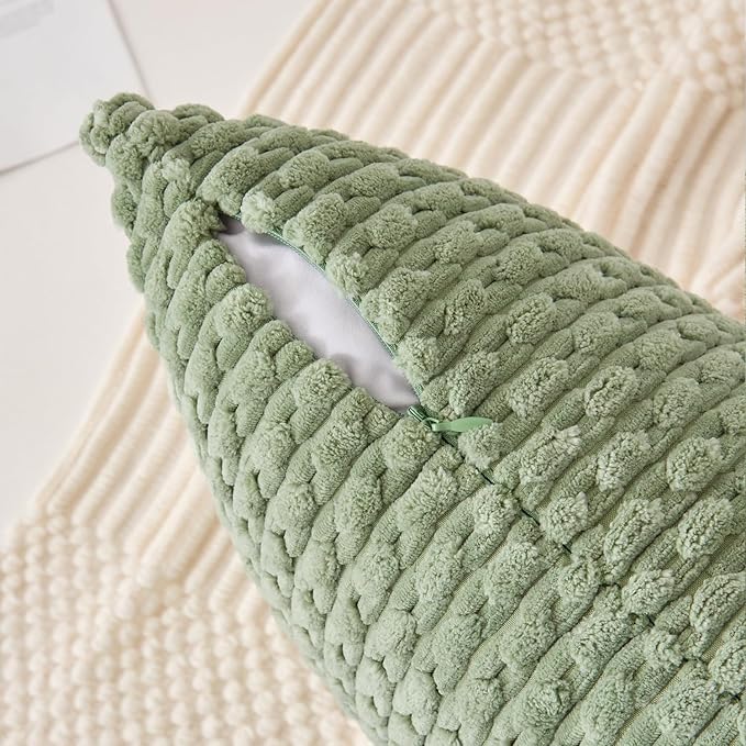 Kevin Textile 20x54 Inch Long Body Lumbar 1 Pack Boho Decorative Throw Pillow Cover Soft Striped Corduroy Rectangle Cushion Case Farmhouse Accent for Living Room Couch Sofa Bed, Sage Green