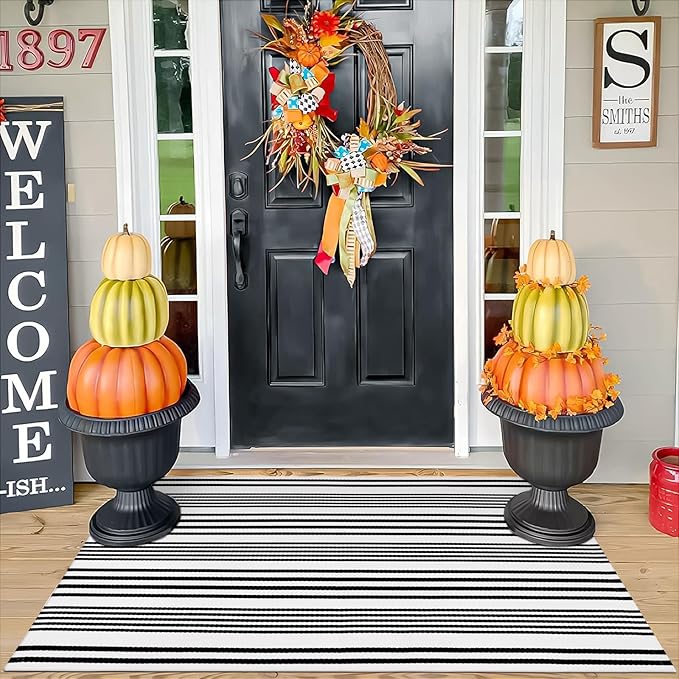 OJIA Black and White Outdoor Rug 3' x 5', Machine Washable Front Door Mats Outdoor, Cotton Hand-Woven Striped Porch Rug Entryway Rug Indoor/Outdoor Area Rug Floor Mat for Farmhouse/Living Room