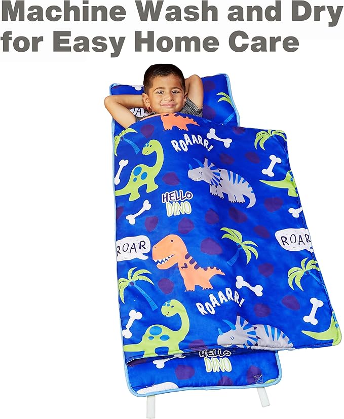 EVERYDAY KIDS Nap Mat with Removable Pillow - Roarin' Dinos - Carry Handle with Straps Closure, Rollup Design, Soft Microfiber for Preschool, Daycare, Travel Sleeping Bag - Ages 3-6 Years