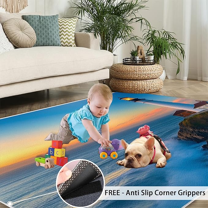 Coastal Rugs for Bedroom - 4x5 Area Rug - Ocean Lighthouse Rugs for Living Room, Sunset Ocean Scenery Rug, Non-Slip Washable Home Decor Carpet