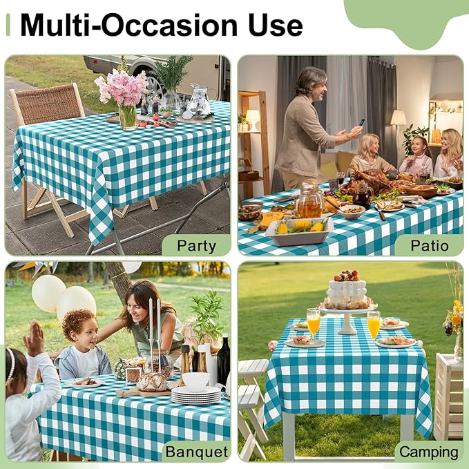 Smiry 8 Packs Gingham Disposable Table Cloth, 54 x 108 Inch Waterproof Plastic Tablecloth, Rectangle Turquoise and White Checkered Table Covers for Picnic, Birthday, Party